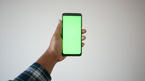 person holding a smartphone with a green screen