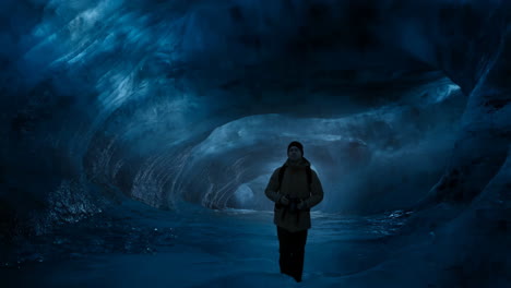 photographer in a blue ice cave