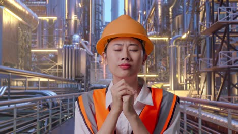 close up of asian female engineer with safety helmet pray for something while standing at a vast oil refinery