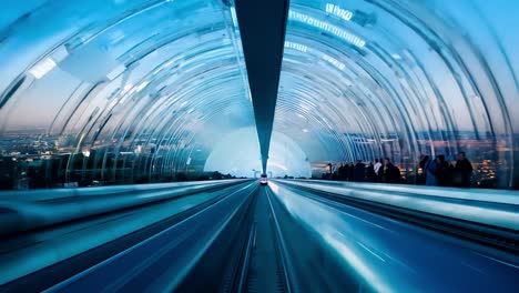 futuristic train tunnel with city lights at night