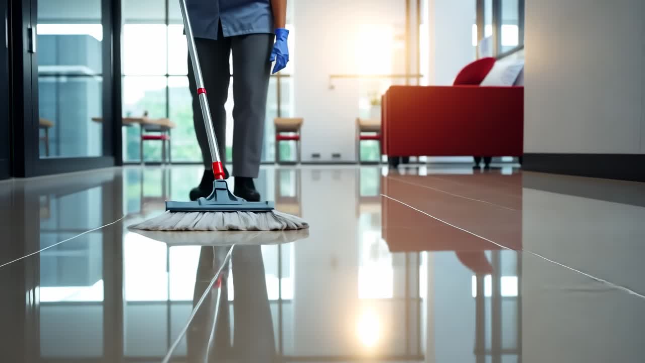 Low-angle video of a person mopping a shiny floor in a modern, sunlit room, highlighting cleanliness