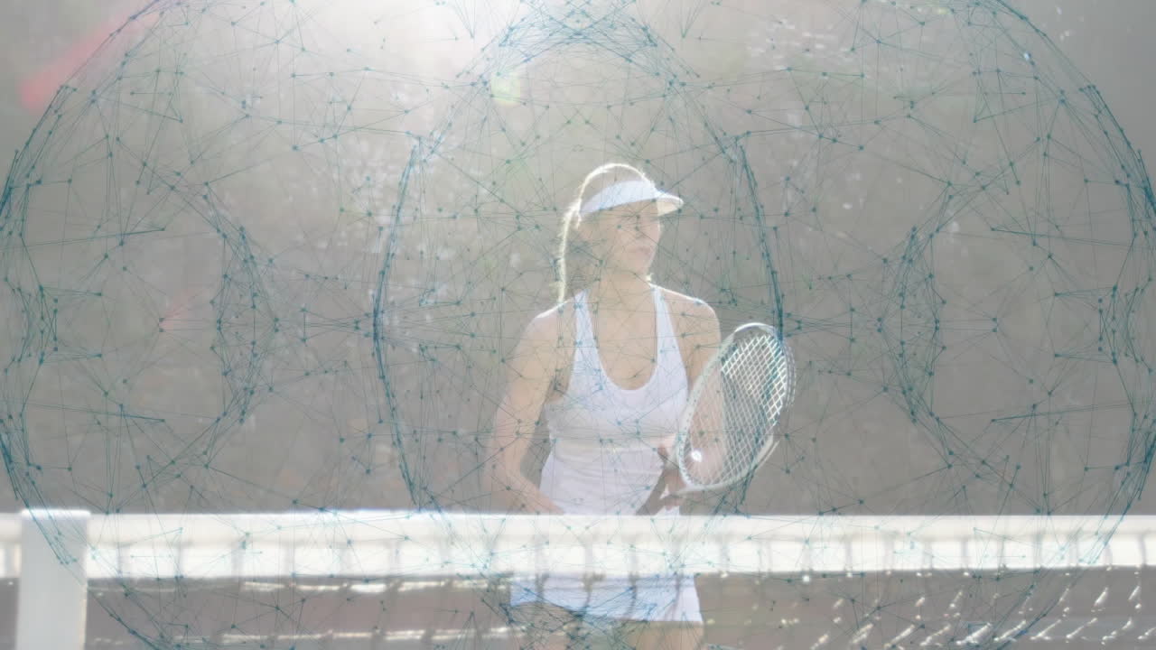 Female tennis player standing poised behind net on outdoor tennis court, with tech network overlay