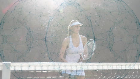female tennis player standing poised behind net on outdoor tennis court, with tech network overlay