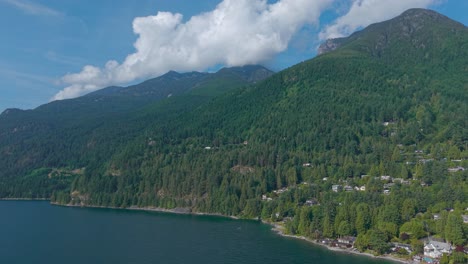 an aerial drone shot luxury homes along the coast of lions bay, with the brunswick mountain on the background under a clear blue sky