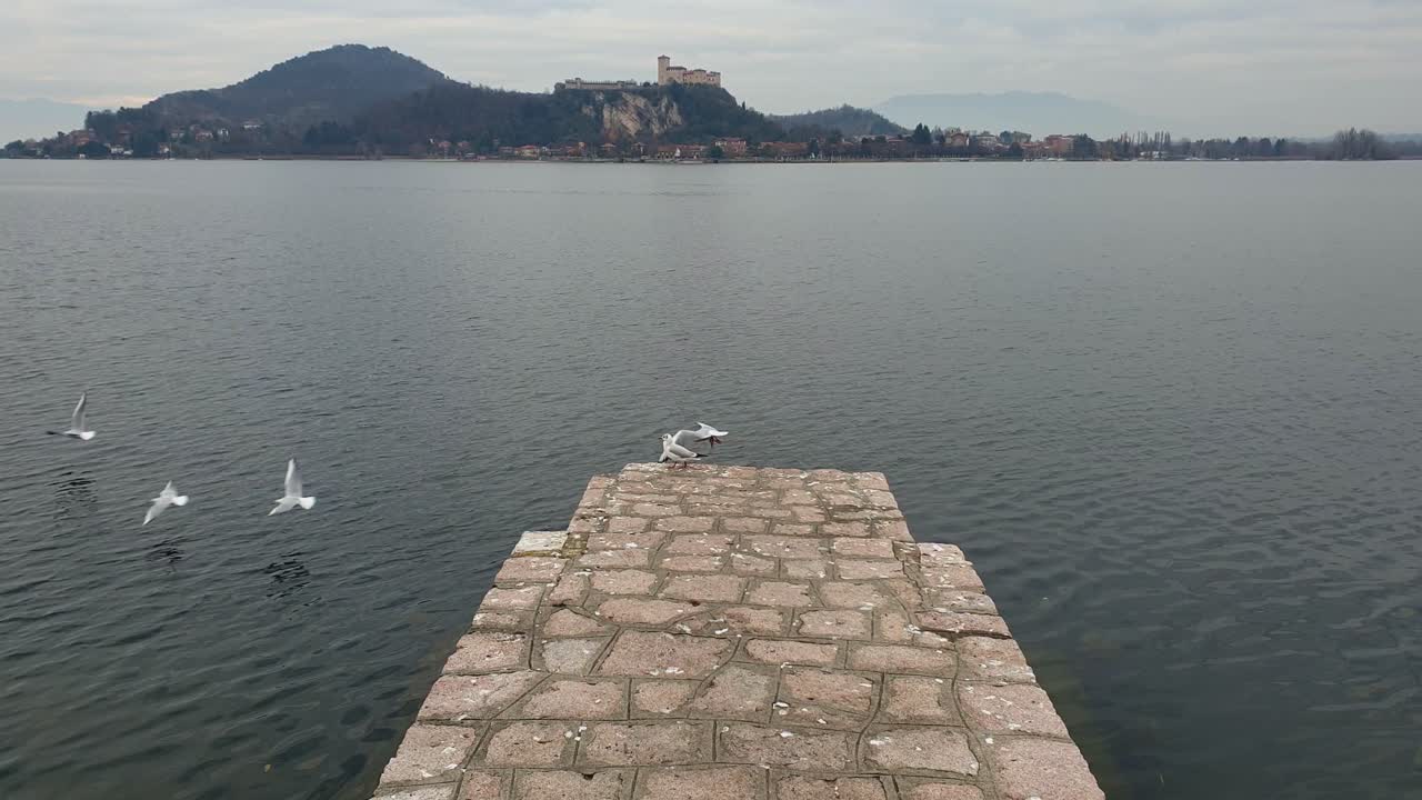 чайки улетают с дощатого причала пирса озера арона с замком на заднем плане