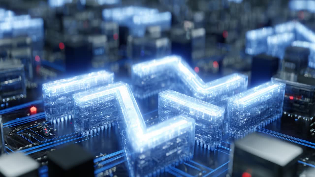 Futuristic Digital Circuitry: A Close-Up View of Illuminated Components with Vibrant Blue Light Patterns Showcasing Technology and Modernity in Advanced Electronics