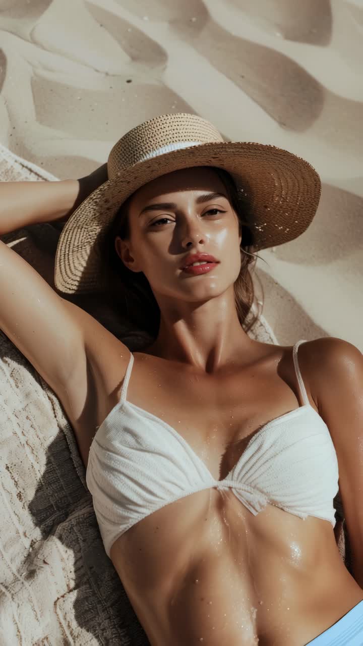 A woman in a white bikini and straw hat relaxes on a sandy beach, captured from a high-angle