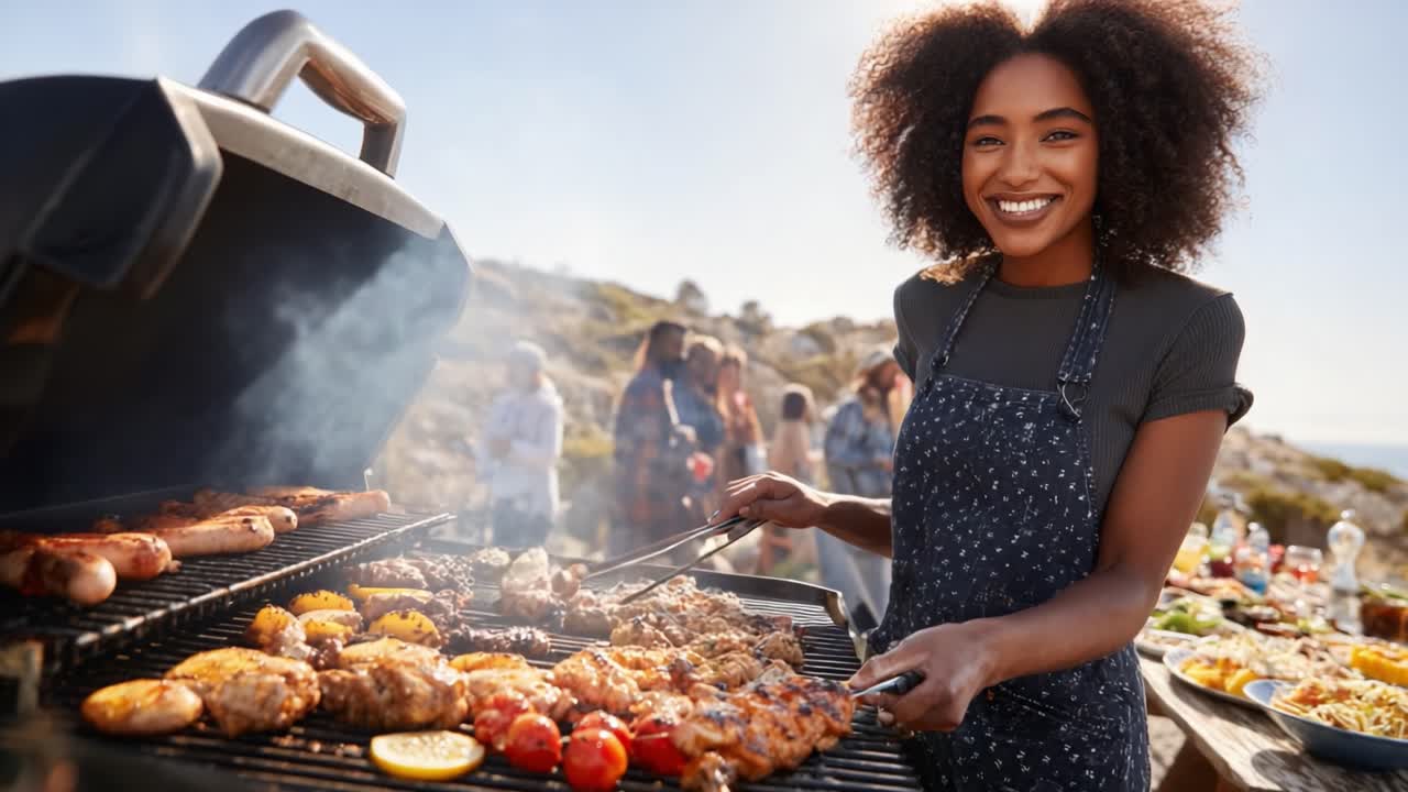 Outdoor Barbecue Celebration: A Joyful Moment of Grilling Delicious Meats and Vegetables with Friends in a Scenic Setting Under the Bright Sun