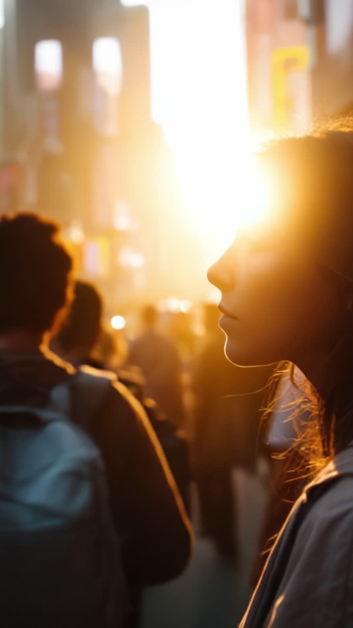 Un momento contemplativo: una giovane donna sta in piedi nel bagliore del tramonto in mezzo a una scena cittadina affollata, osservando la vita che scorre in un momento di riflessione