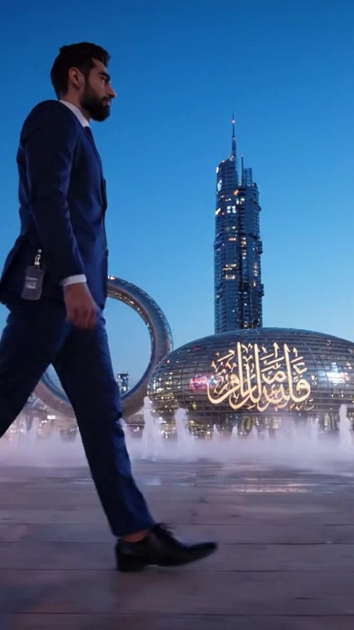 Un uomo in abito scuro cammina con sicurezza accanto a un'architettura moderna al crepuscolo, mettendo in mostra un'elegante vita urbana tra fontane scintillanti e uno skyline mozzafiato.