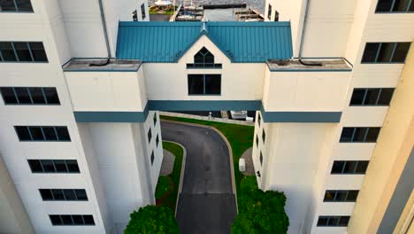 high angle with descending motion over buildings