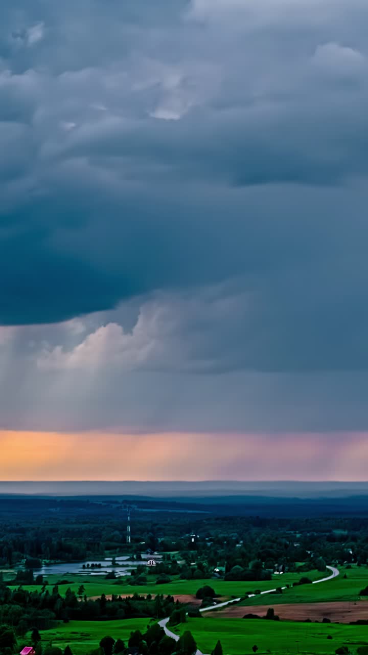 Vertical hyperlapse of dramatic sky over lush landscape at sunset
