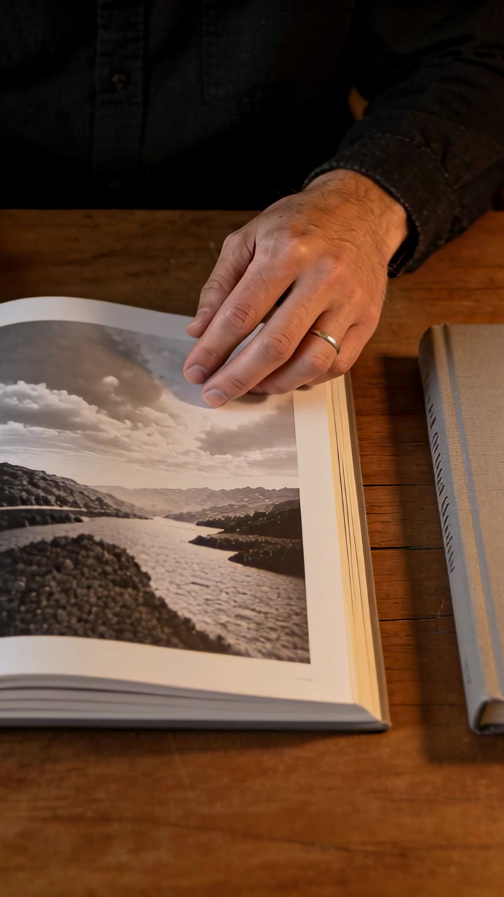 Vertical video: Lifting print, hands turning and aligning page on table, left-hand ring, dark shirt