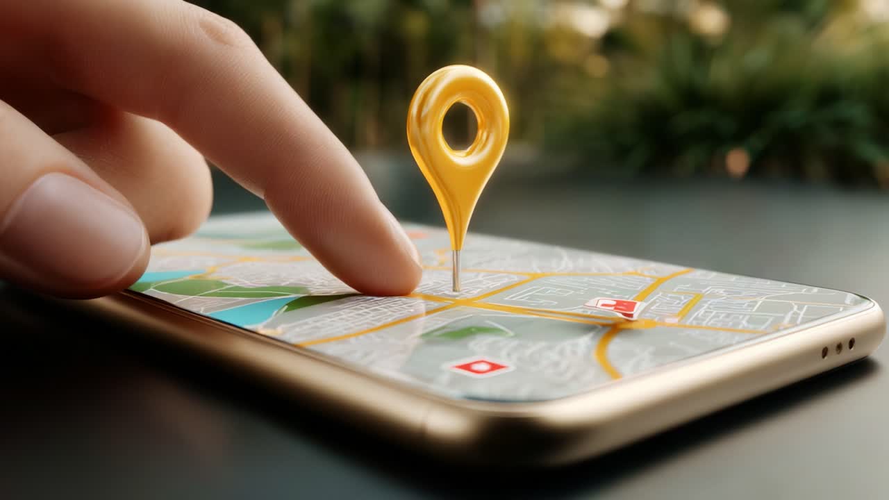 Exploring Digital Navigation with Mobile Technology: A Close-Up Look at a Smartphone Display Featuring an Interactive Map and Location Pin, Ideal for Finding Directions and Places
