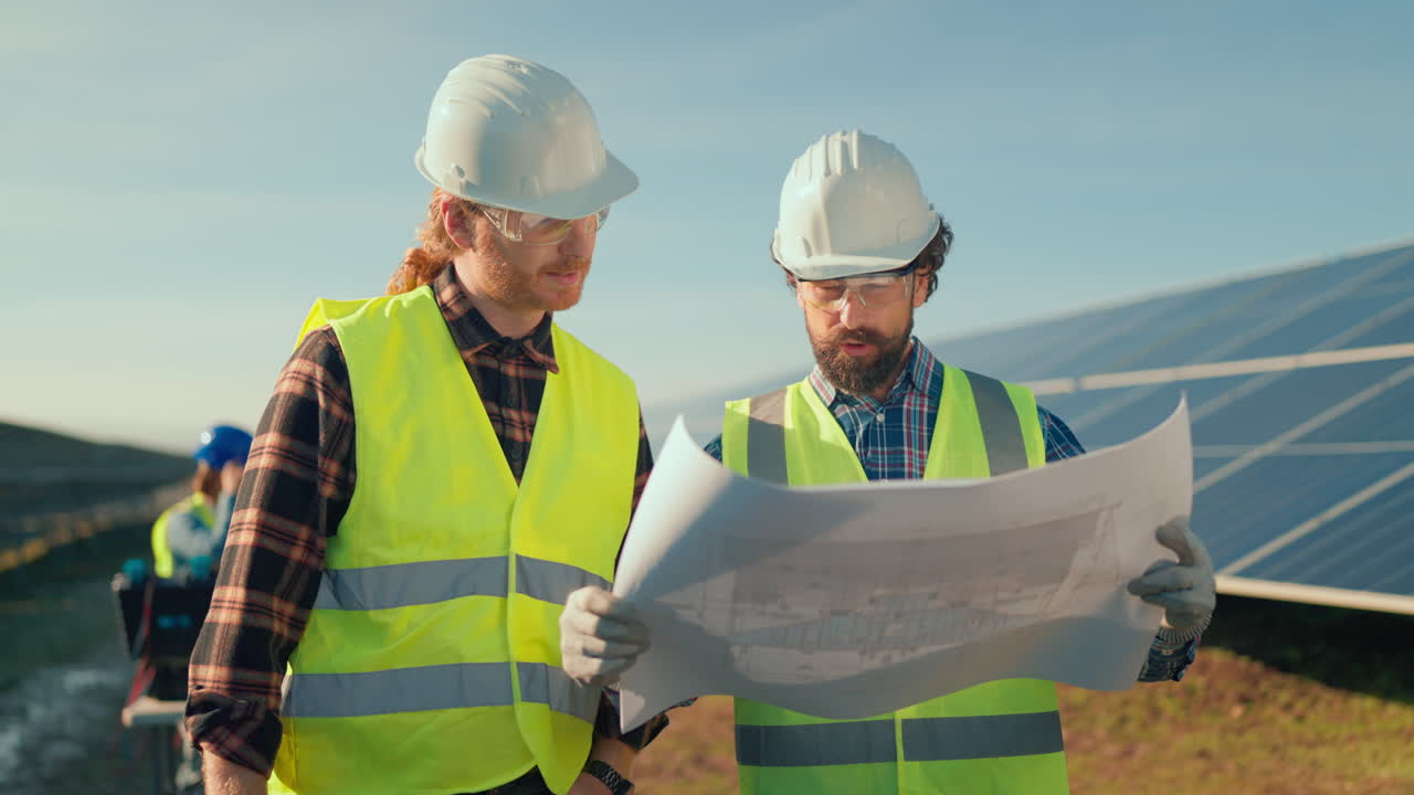 Engineers reviewing blueprints at solar panel construction site