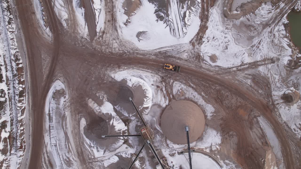 Top-Down View of Gravel Pit, Open Pit Mining With Working Front End Loader - Truck Shot