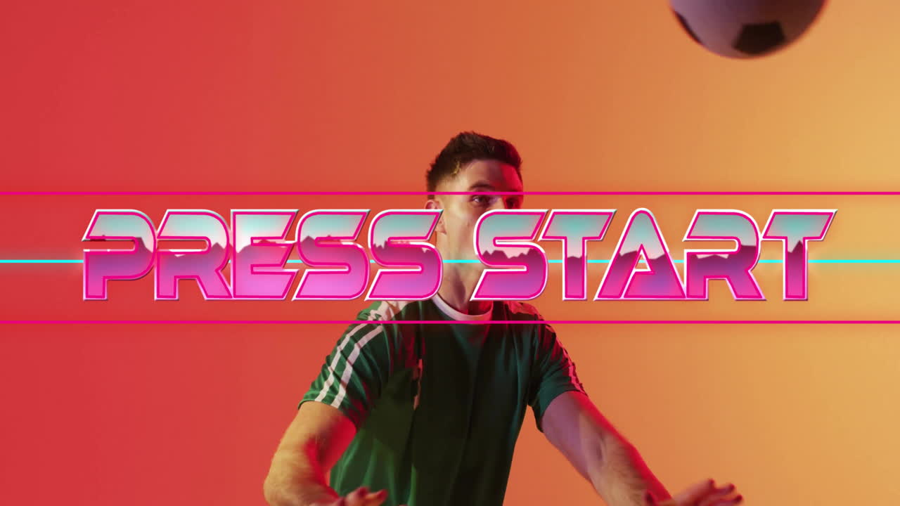 animación de prensa inicio texto sobre patrón de neón jugador de fútbol caucásico