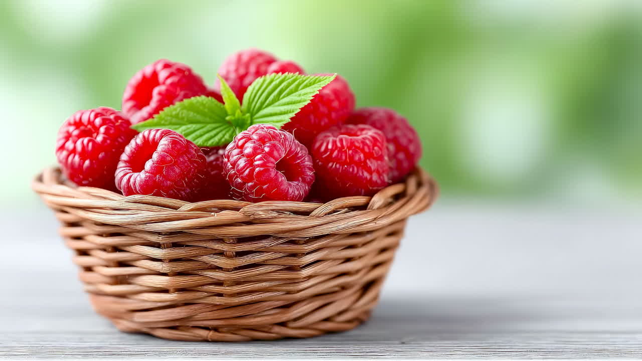 Fresh raspberries in a woven basket. A woven basket holds bright red raspberries, surrounded by green leaves in a natural setting, showcasing freshness