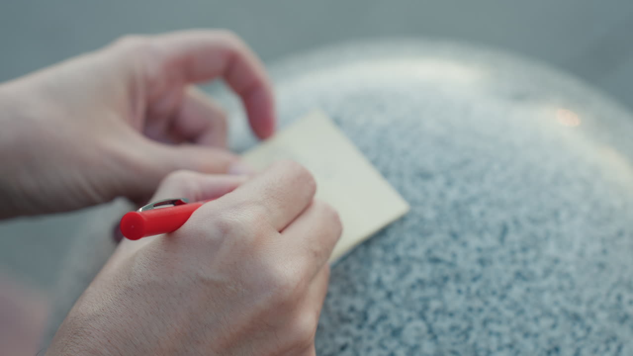 Note on stone. Fingers hold pen writing on textured stone. Quick note written with red pen on rough granite surface. Closeup of hand inscribing message on sticky note resting on granite texture