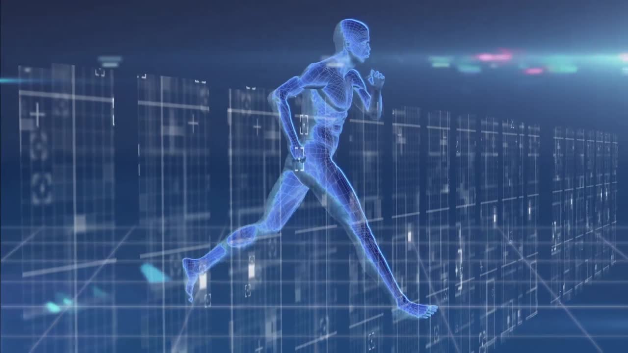 파란색 배경을 배경으로 3d 인체 달리기 모델