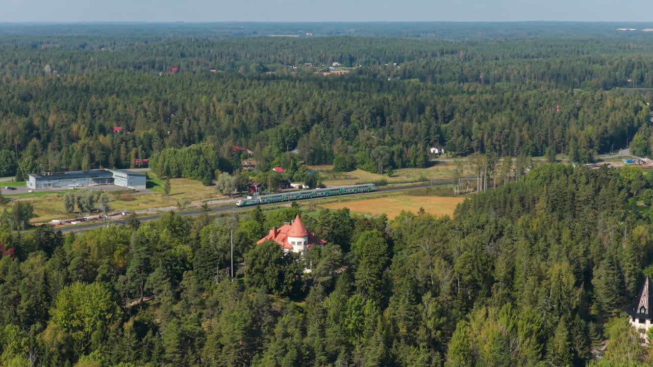 Aerial View of Forest Landscape with Train and Buildings