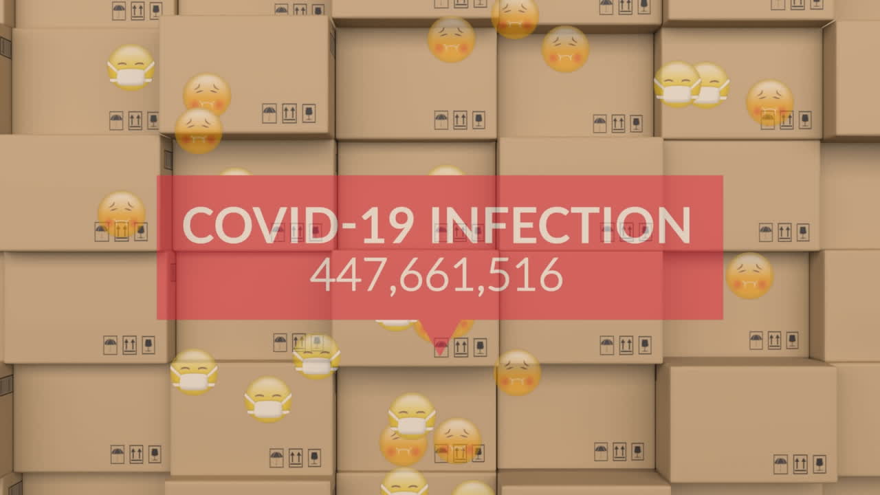 Animation of covid infection counter and sick emojis over packages in warehouse
