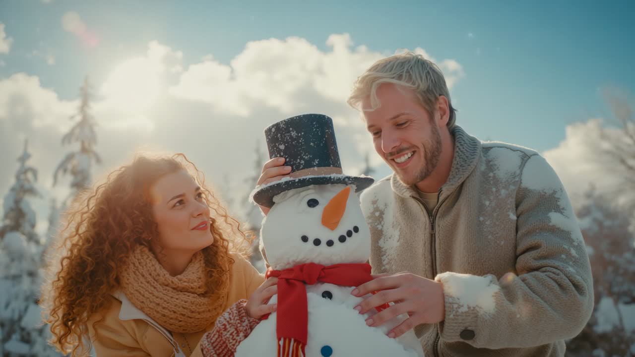 Starting by rolling snowballs couple building snowman in pine forest, tying red scarf for fun