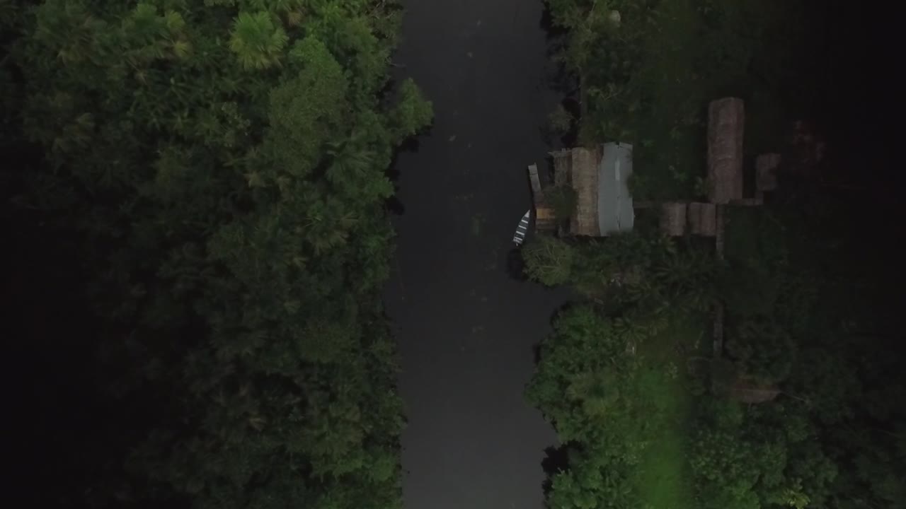 열대우림 한가운데 있는 강 옆에 있는 원주민 오두막의 꼭대기에서