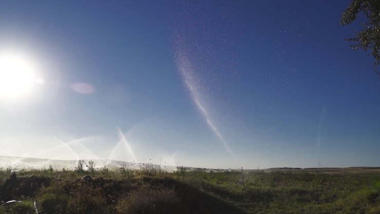 Irrigation System in Agricultural Lands. Slow Motion.