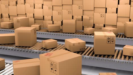 storehouse with many cardboard boxes and internet goods on the conveyor line