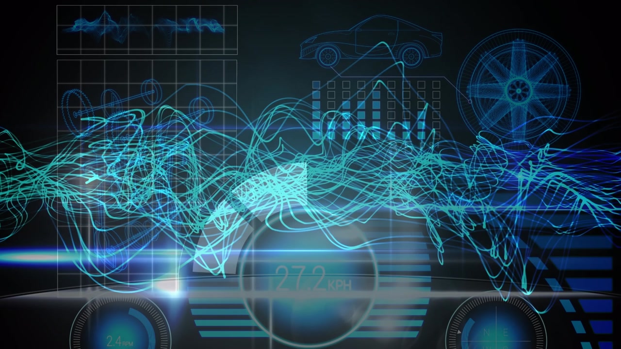 Animation of waves and diverse data on black and blue digital screen