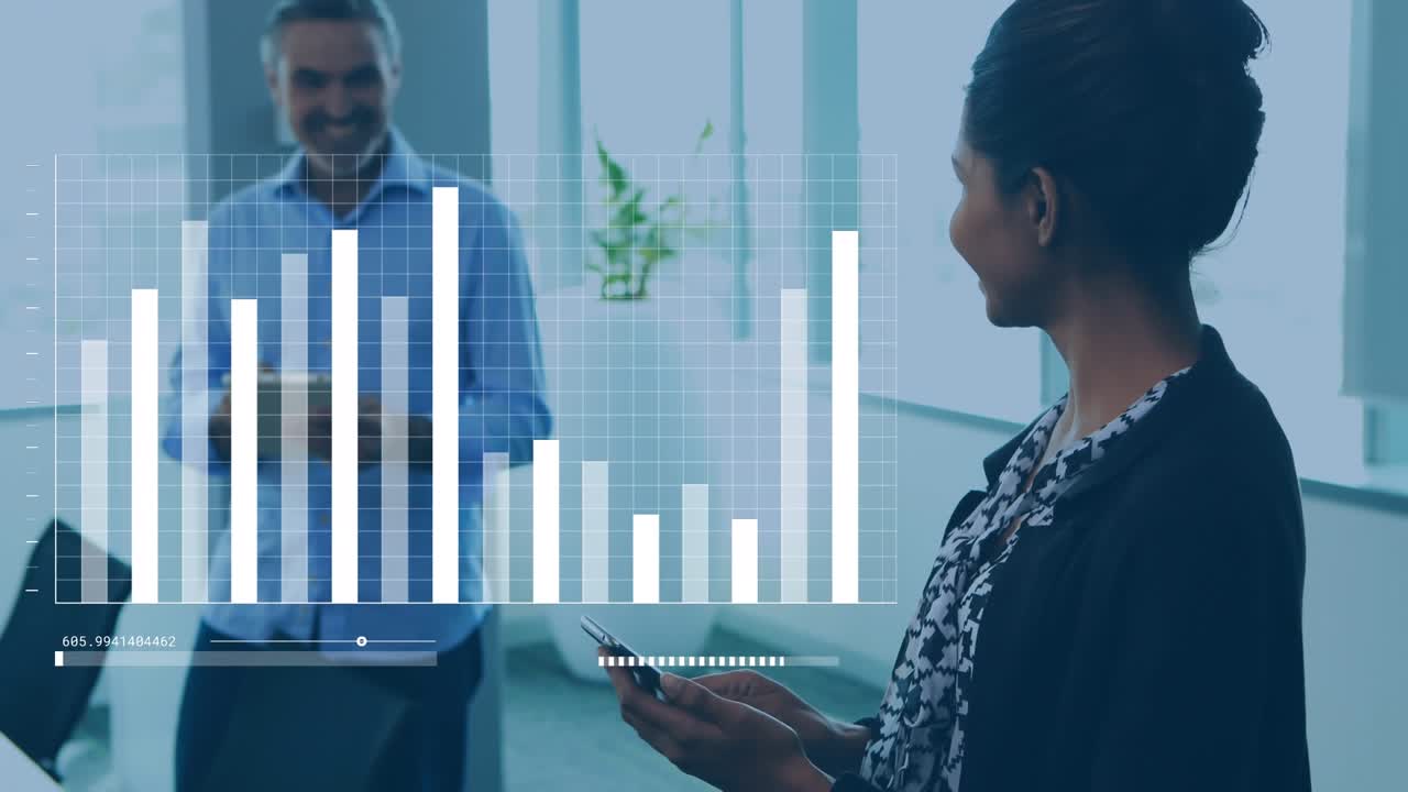 Animation of financial data processing over diverse business people
