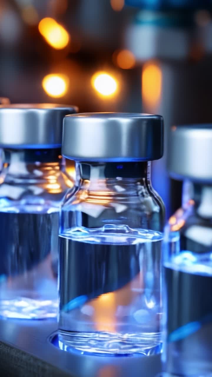 Close-up of glass vials containing liquid, illuminated with a blue tint and set against a blurred background of warm glowing lights in a laboratory environment