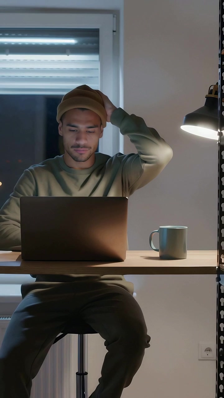 Vertical video: Pausing typing, man in beanie adjusting while reading at desk with laptop mug lamp