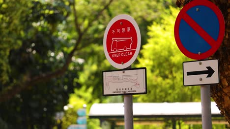 traffic signs amidst lush greenery in park