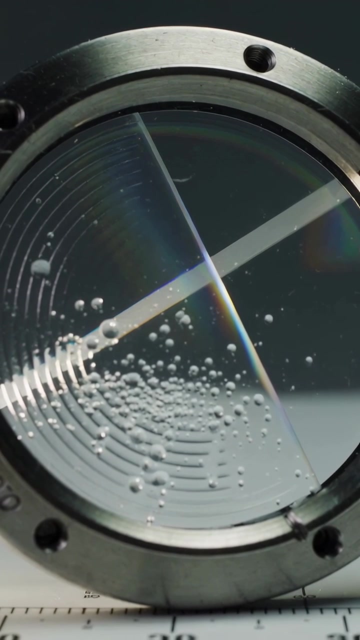Vertical video: Shifting beam lighting lens mounted in flange on lab bench moving droplets, rainbow