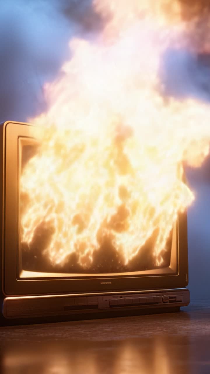 Et vintagefjernsyn omgivet af flammer, der skaber en fængslende kontrast mellem teknologi og ødelæggelse, omgivet af røg og intens visuel energi.