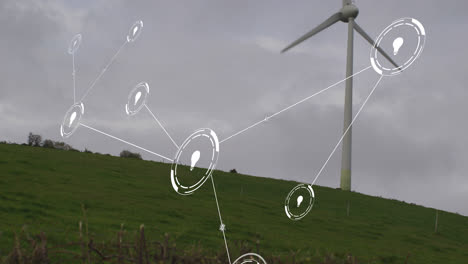 animation of network of conncetions with icons over wind turbine