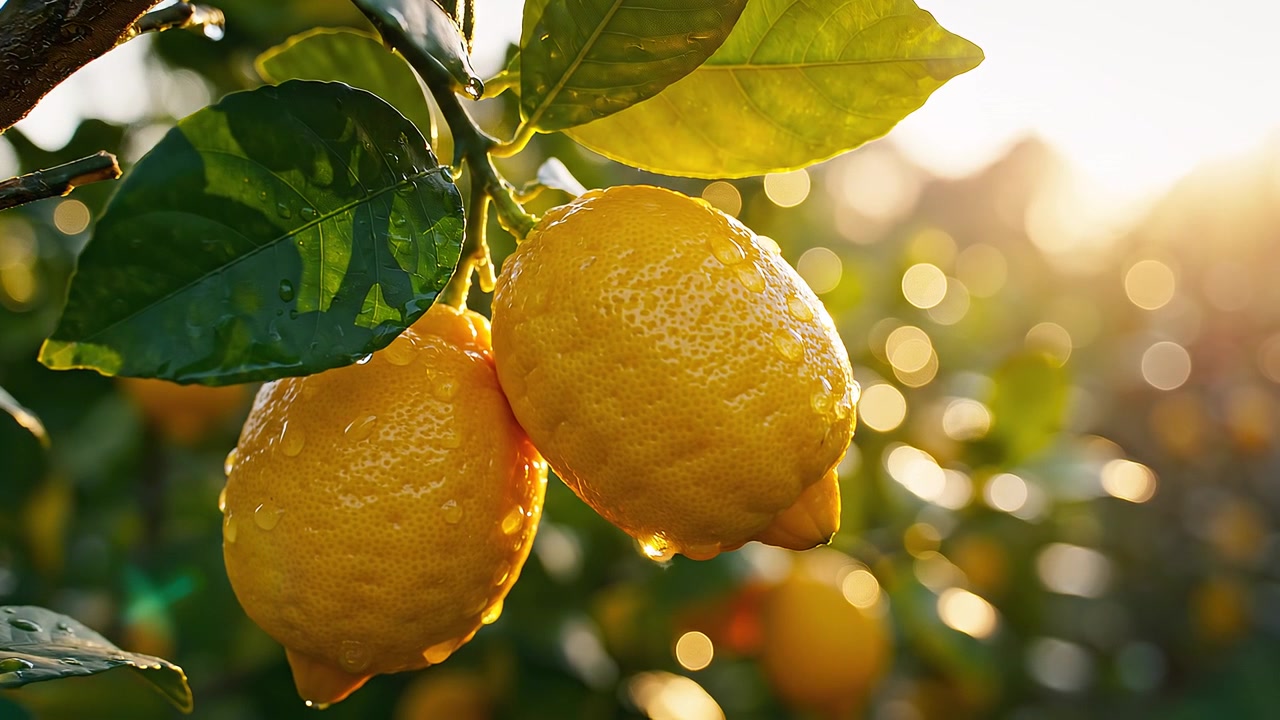Due limoni freschi e maturi con goccioline d'acqua su un ramo d'albero