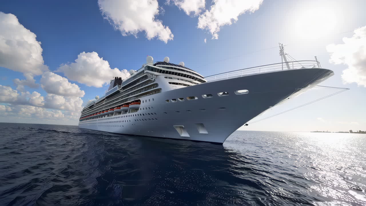 A large white cruise ship sailing on the open ocean under a bright blue sky