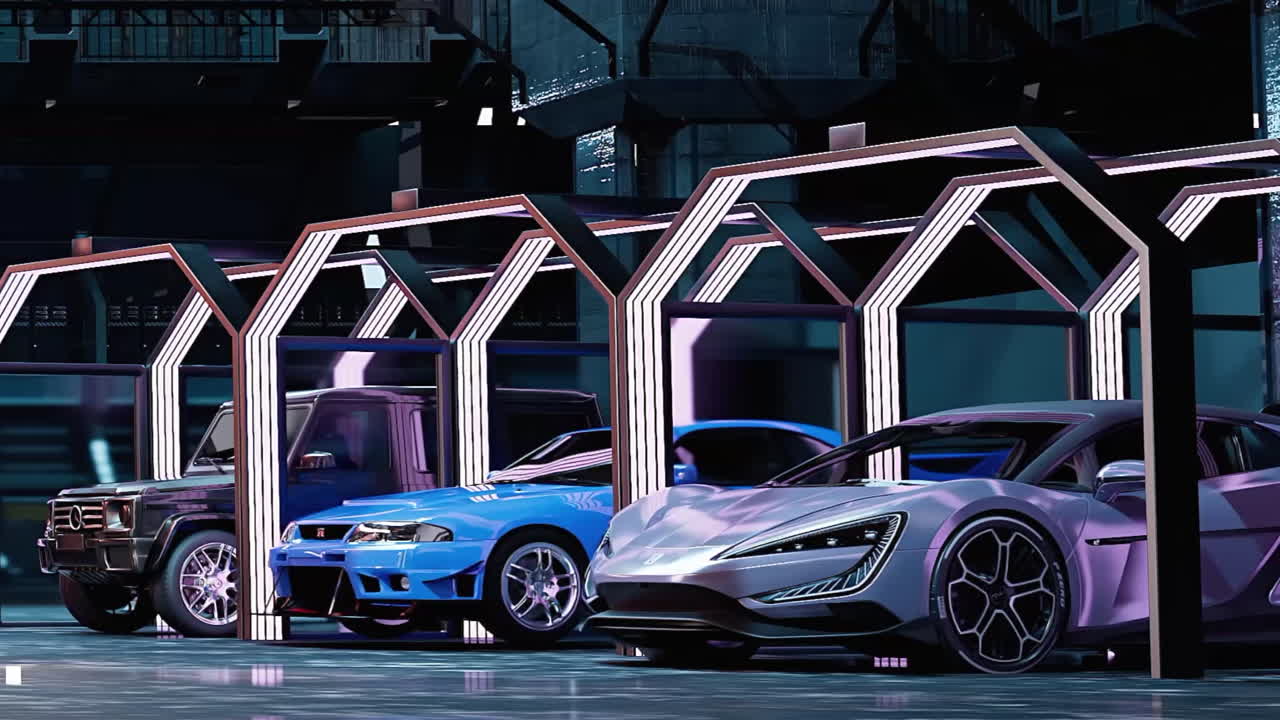 Futuristic Cars in a Modern Garage at Night