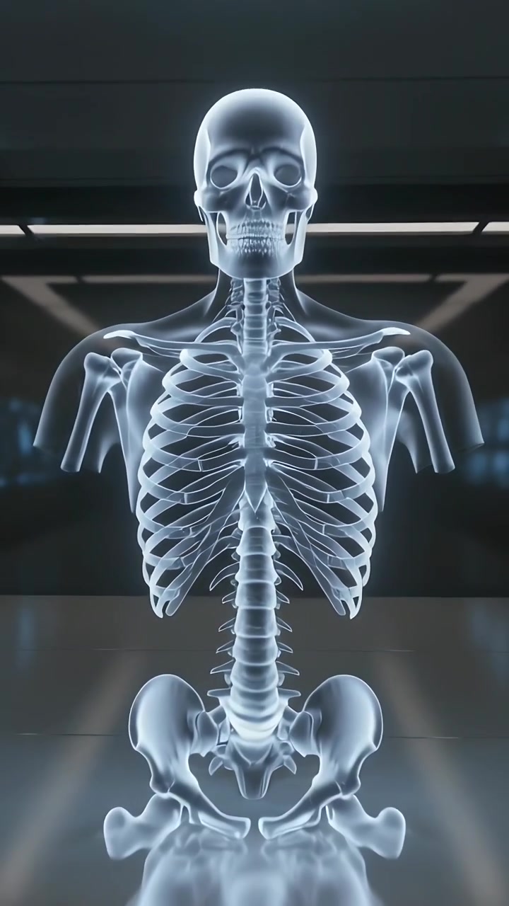 Vertical video: Pulling back camera revealing xray skeleton in lab with backlight to show anatomy