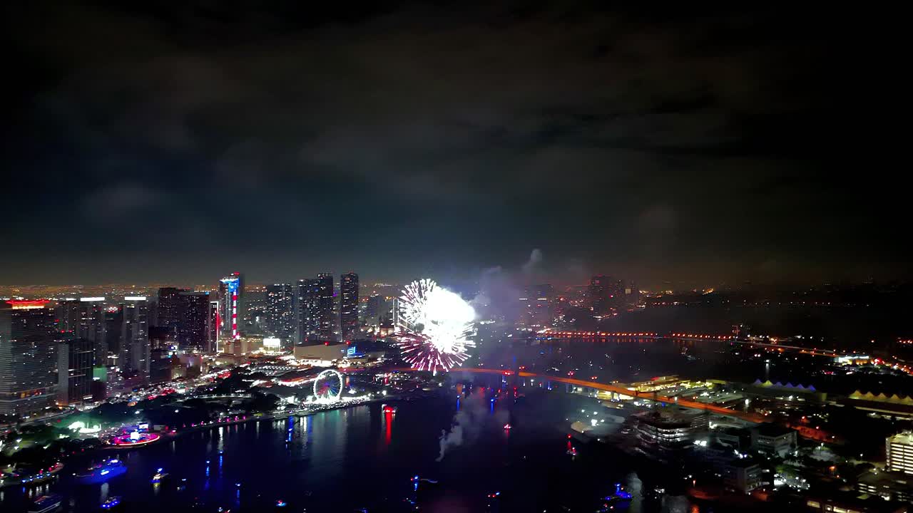 Towering bursts of fireworks fill the sky with radiant streaks of light as the drone captures sweeping aerial perspectives of brilliance
