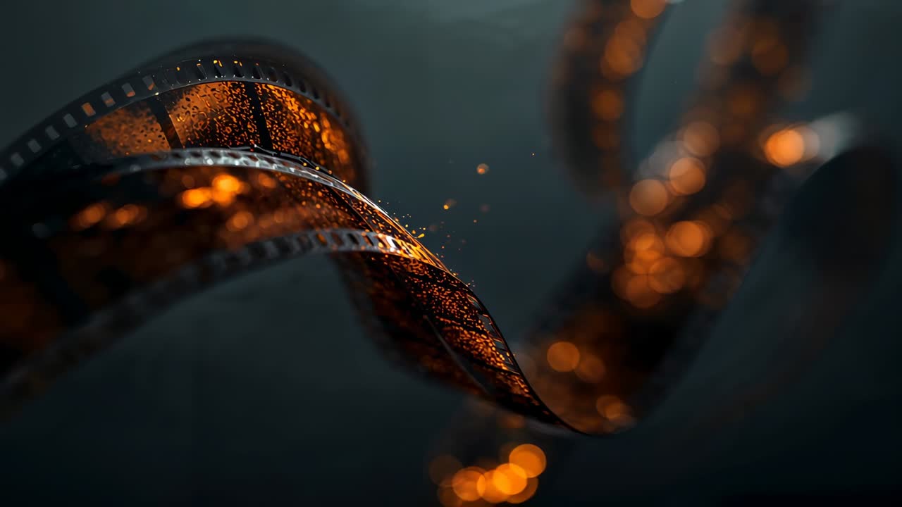 Pellicola cinematografica arricciata e ondulata che si torce rivelando braci incandescenti in uno spazio digitale oscuro, per il looping