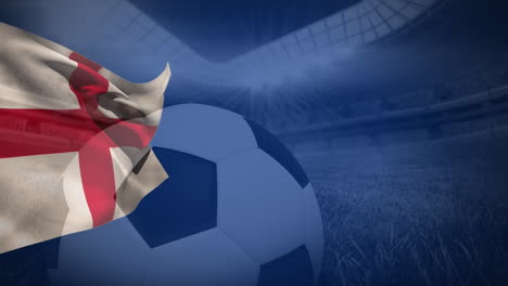 animation of flag of england over soccer ball and sport stadium