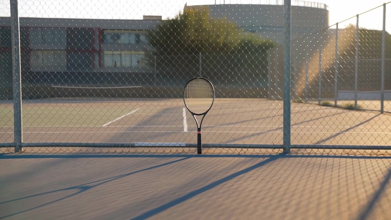 Single tennis racket propped upright in gap of chain link fence on empty outdoor court, lit by warm low angle sunlight with long shadows, soft background blur, and calm urban setting