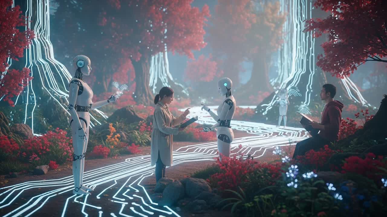 Exploring the Connection Between Humans and Robots in a Futuristic Forest: A Journey of Interaction, Learning, and Technology Amidst Vibrant Flora