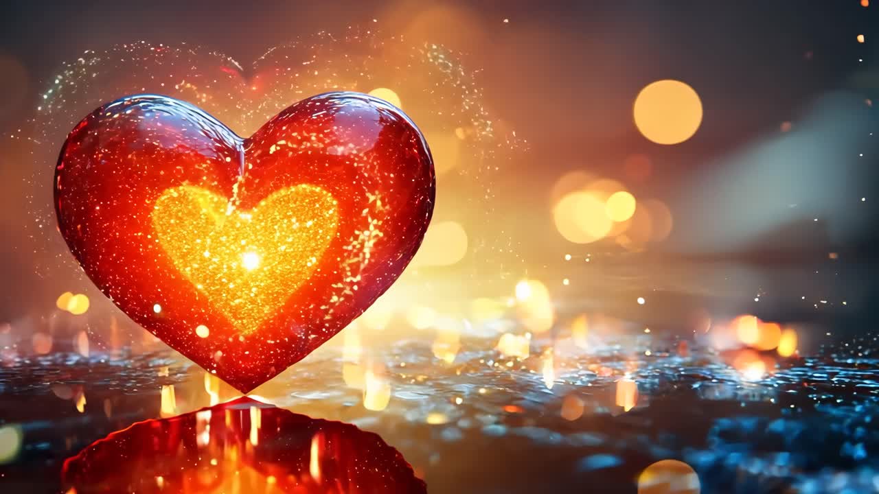 A heart made of fire is floating on a body of water. The fire is orange and the water is blue. Concept of danger and destruction, as the heart is surrounded by flames and the water is murky