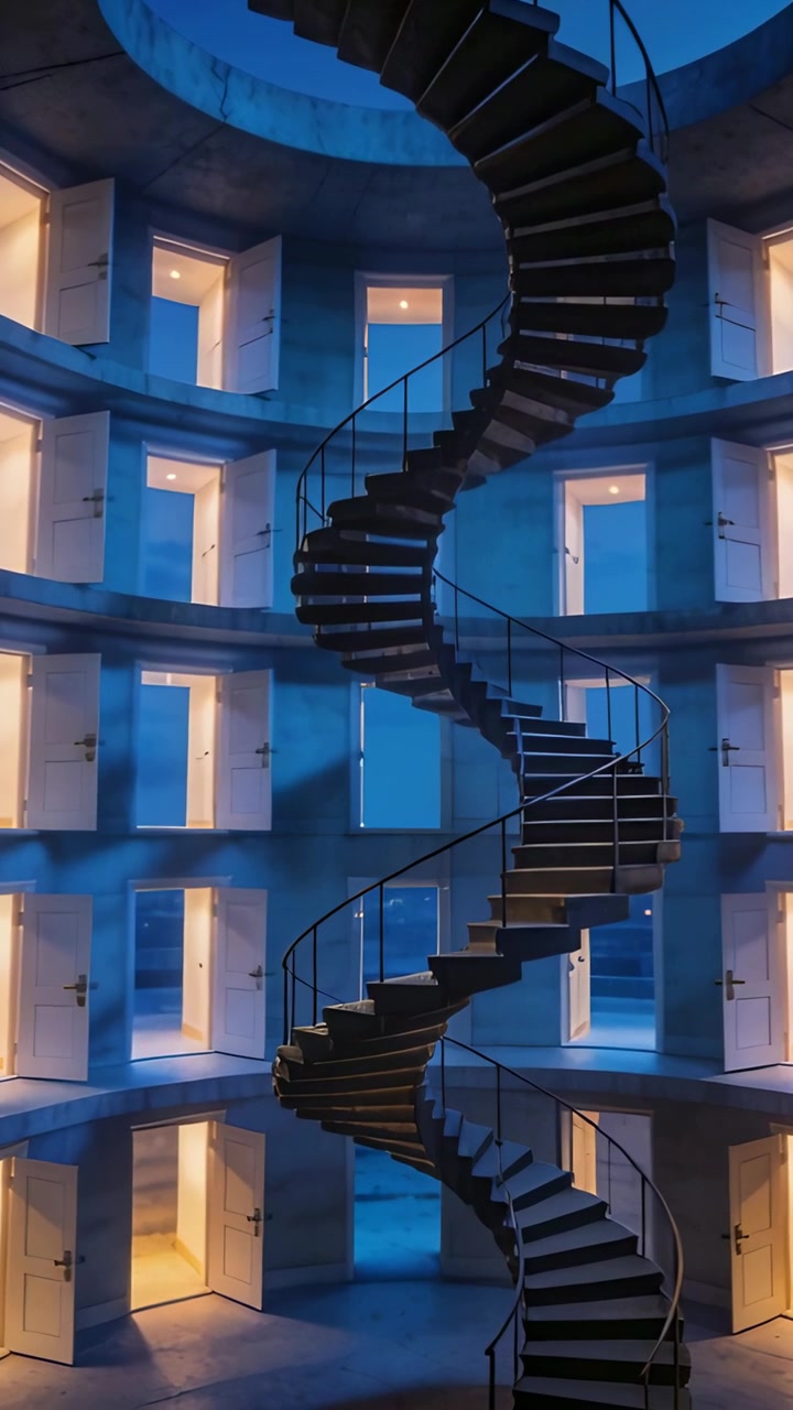 Video vertical: Cámara en movimiento revelando una escalera de caracol metálica, alcobas iluminadas y mostrando una claraboya.