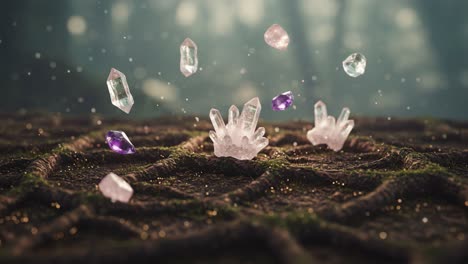 a stunning display of crystals and gems radiating beauty in a mystical forest setting, capturing the enchantment of nature and shimmering light